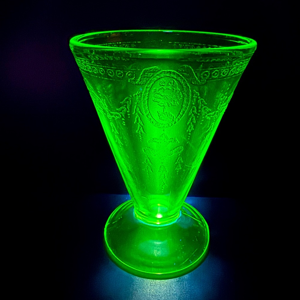 Antique Uranium Glass Belmont Rose Cameo Footed Tumbler